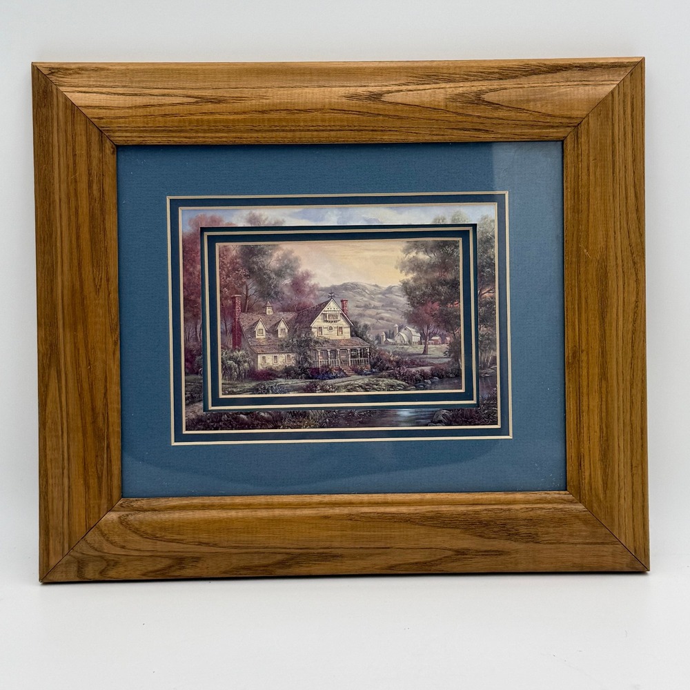 Vtg Country Cottage Farmhouse Landscape Framed Art Print Wood Frame 12.5x10.5